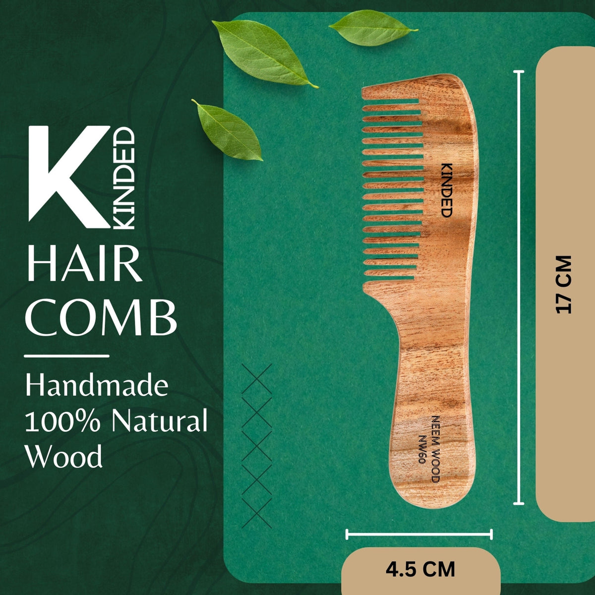 KINDED Handmade Oil Treated Wooden Hair Comb - Neem Wood NW60, Regular Tooth Comb with Handle | Grocsy