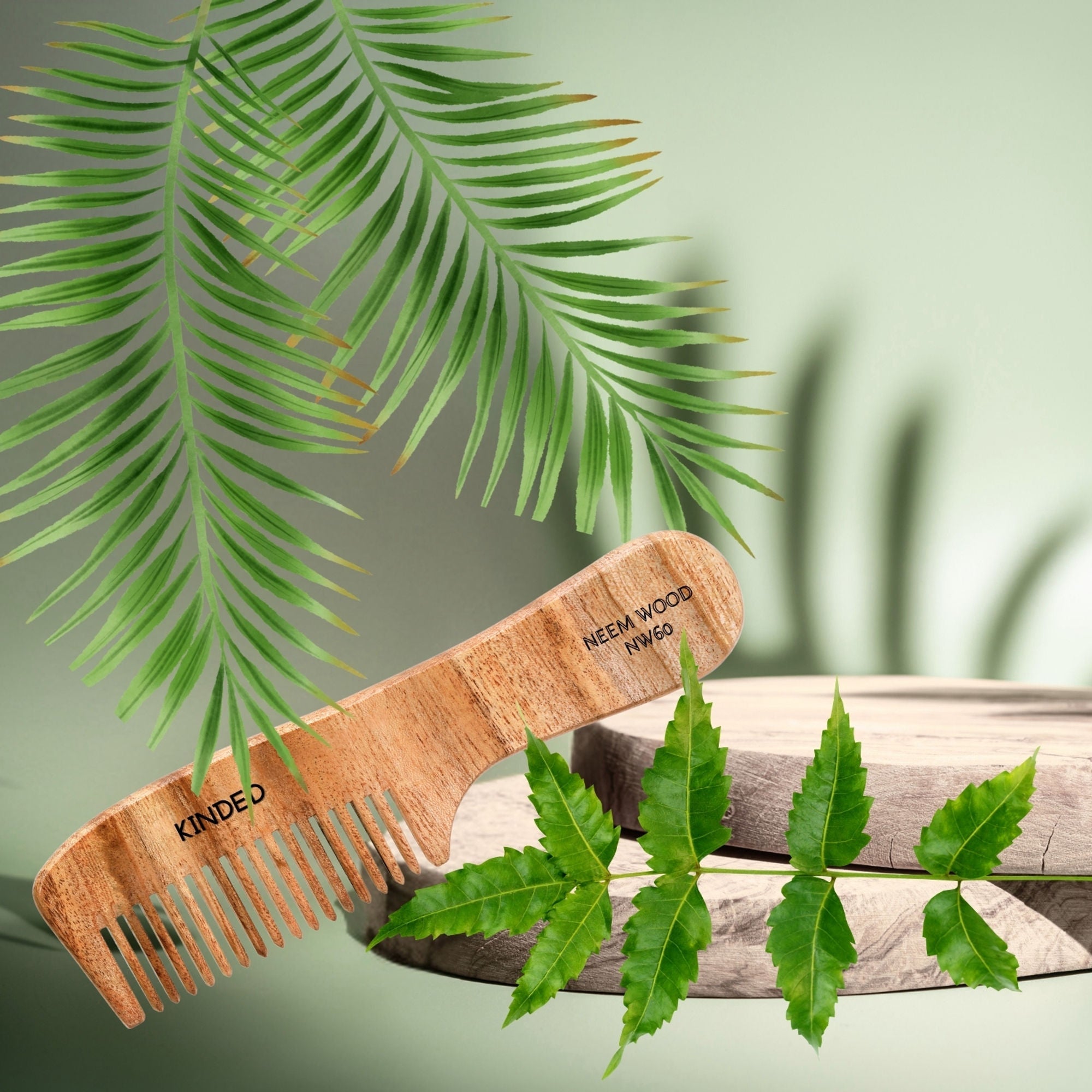 KINDED Handmade Oil Treated Wooden Hair Comb - Neem Wood NW60, Regular Tooth Comb with Handle | Grocsy