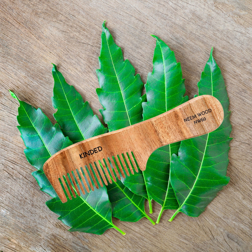 KINDED Handmade Oil Treated Wooden Hair Comb - Neem Wood NW60, Regular Tooth Comb with Handle | Grocsy