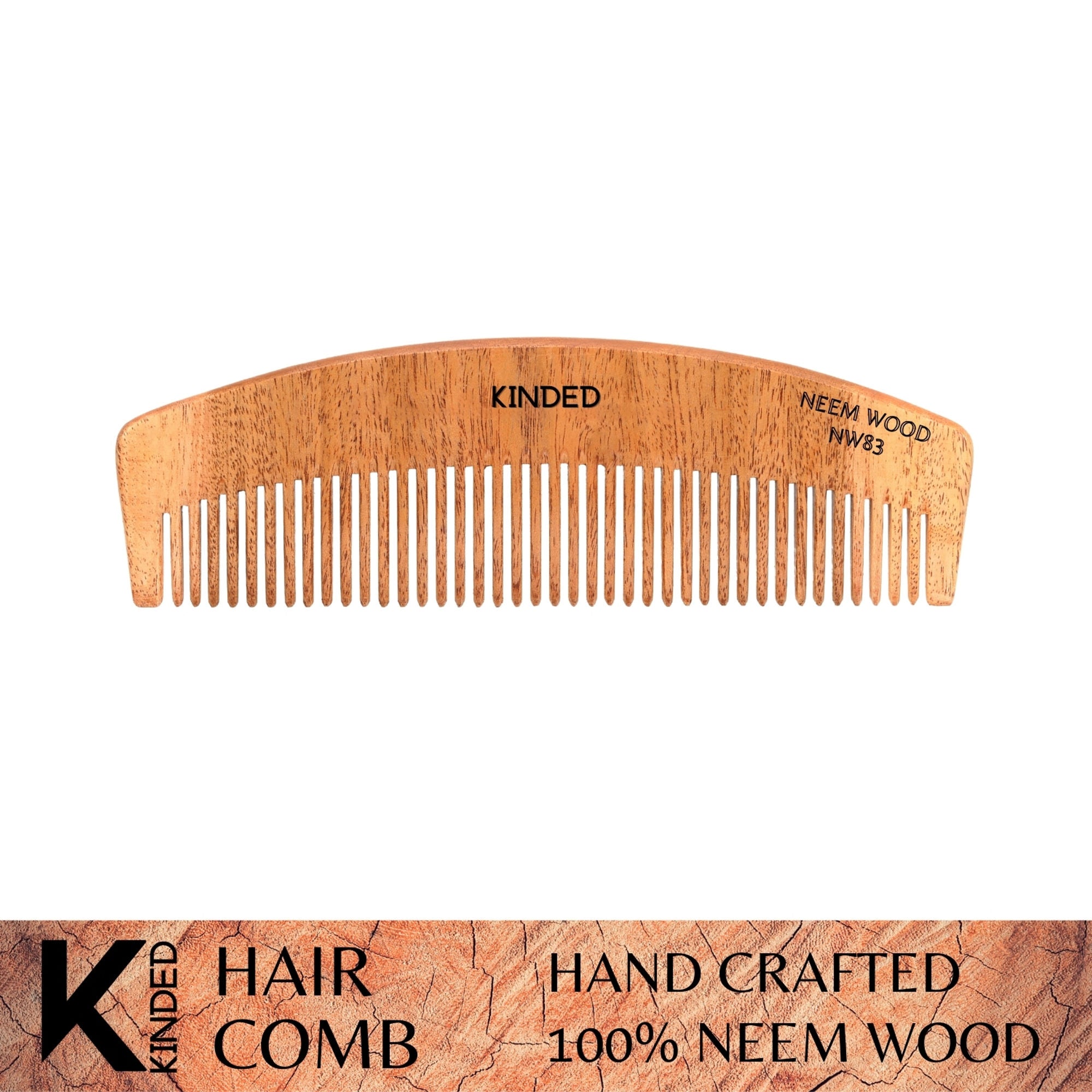 KINDED Handmade Oil Treated Wooden Hair Comb - Neem Wood NW83, Regular Tooth | Grocsy