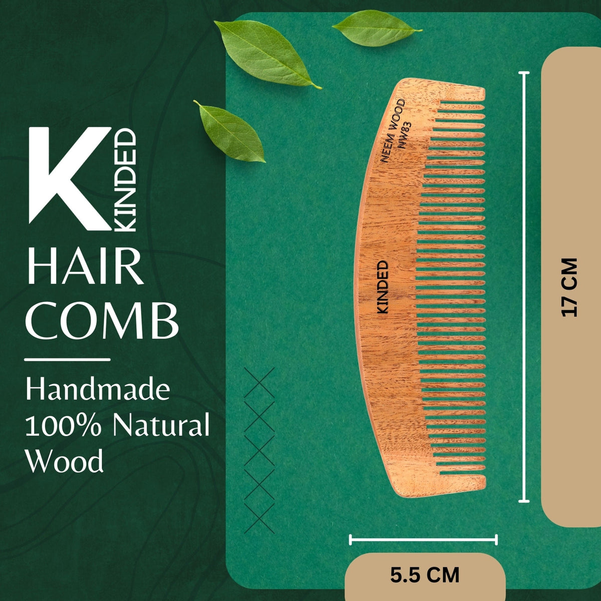 KINDED Handmade Oil Treated Wooden Hair Comb - Neem Wood NW83, Regular Tooth | Grocsy