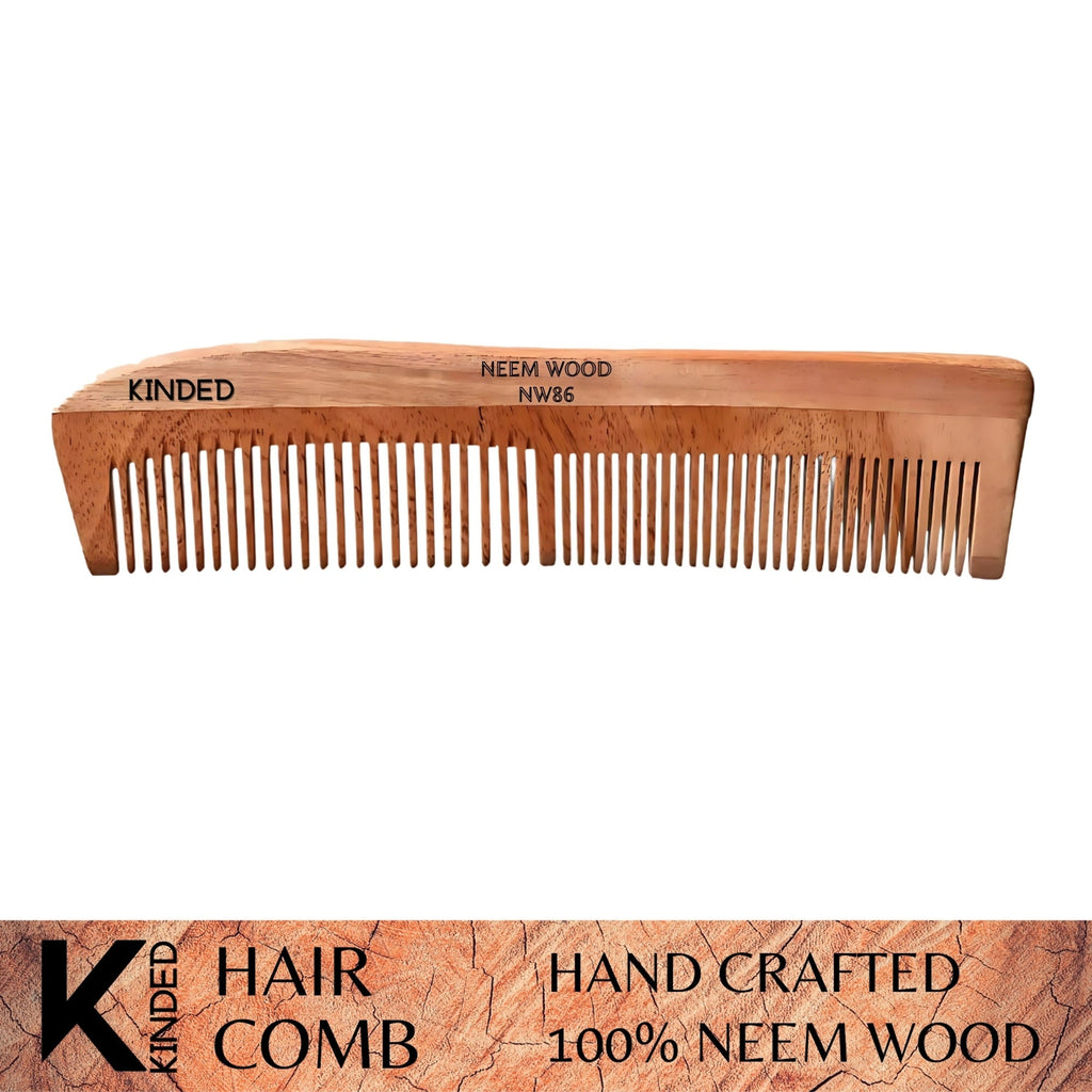 KINDED Handmade Oil Treated Wooden Hair Comb - Neem Wood NW86, Dual Tooth | Grocsy
