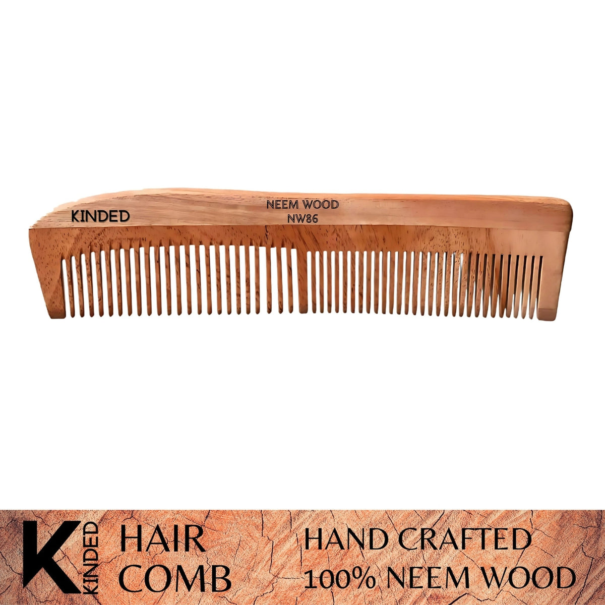 KINDED Handmade Oil Treated Wooden Hair Comb - Neem Wood NW86, Dual Tooth | Grocsy