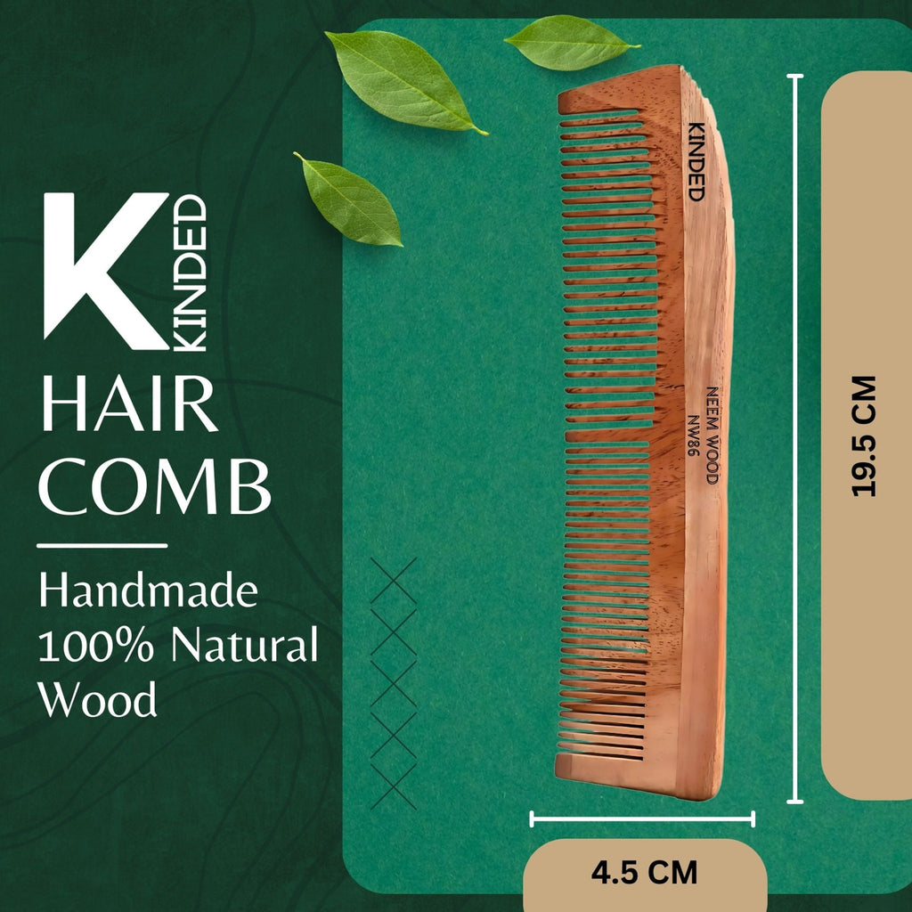 KINDED Handmade Oil Treated Wooden Hair Comb - Neem Wood NW86, Dual Tooth | Grocsy