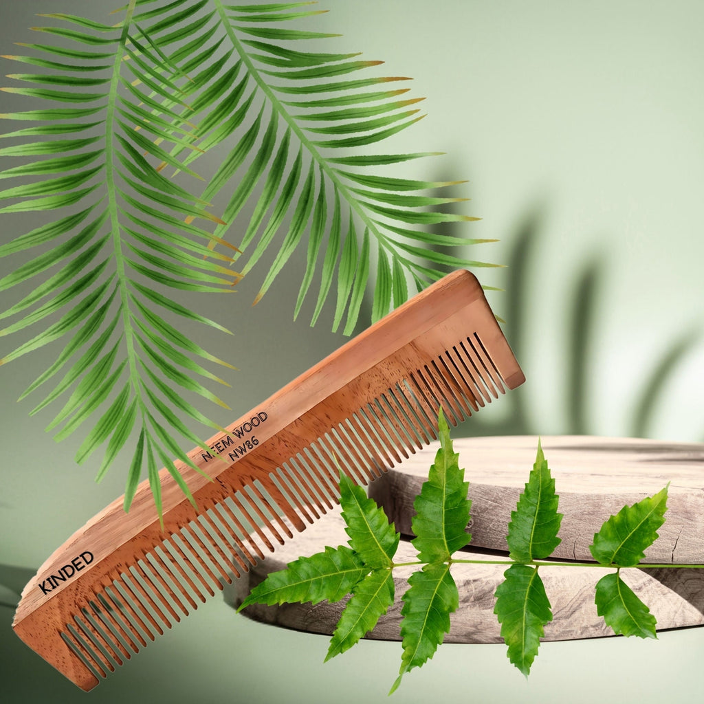 KINDED Handmade Oil Treated Wooden Hair Comb - Neem Wood NW86, Dual Tooth | Grocsy