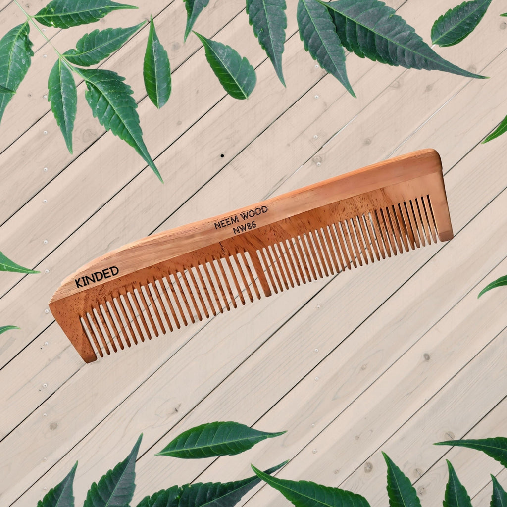 KINDED Handmade Oil Treated Wooden Hair Comb - Neem Wood NW86, Dual Tooth | Grocsy
