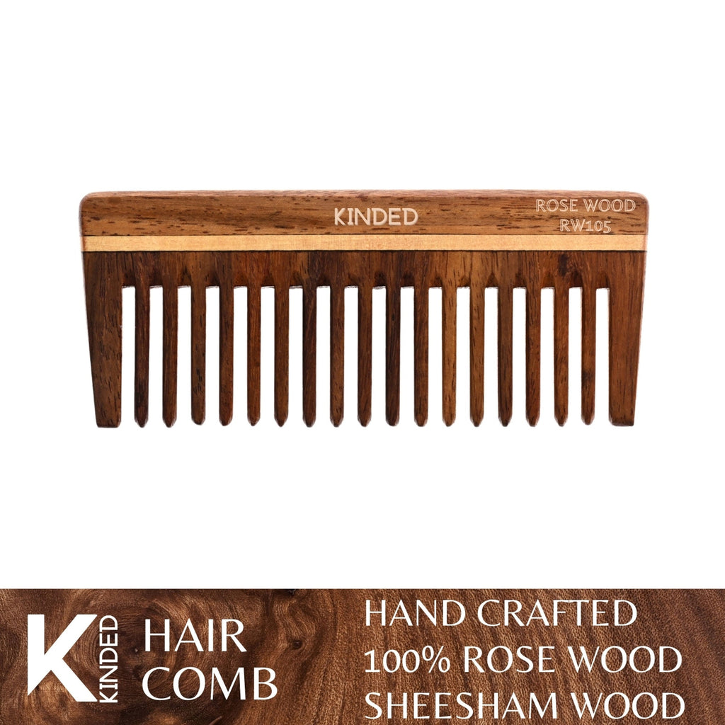 KINDED Handmade Oil Treated Wooden Hair Comb - Sheesham Rose Wood RW105, Wide Tooth | Grocsy