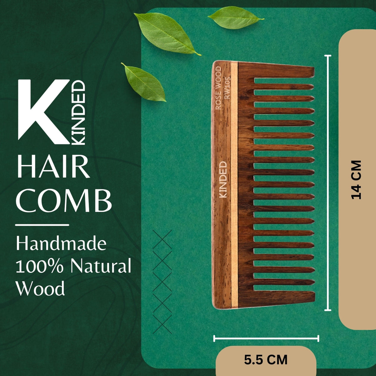 KINDED Handmade Oil Treated Wooden Hair Comb - Sheesham Rose Wood RW105, Wide Tooth | Grocsy