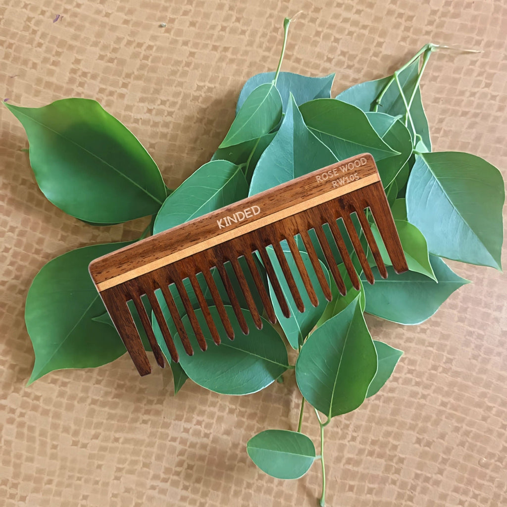 KINDED Handmade Oil Treated Wooden Hair Comb - Sheesham Rose Wood RW105, Wide Tooth | Grocsy