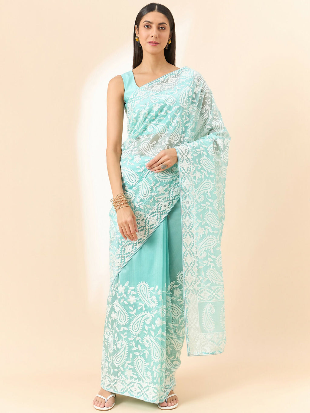 Blue Organza Paisely Embroidered Saree with Unstitched Blouse Piece - Roozal | Grocsy