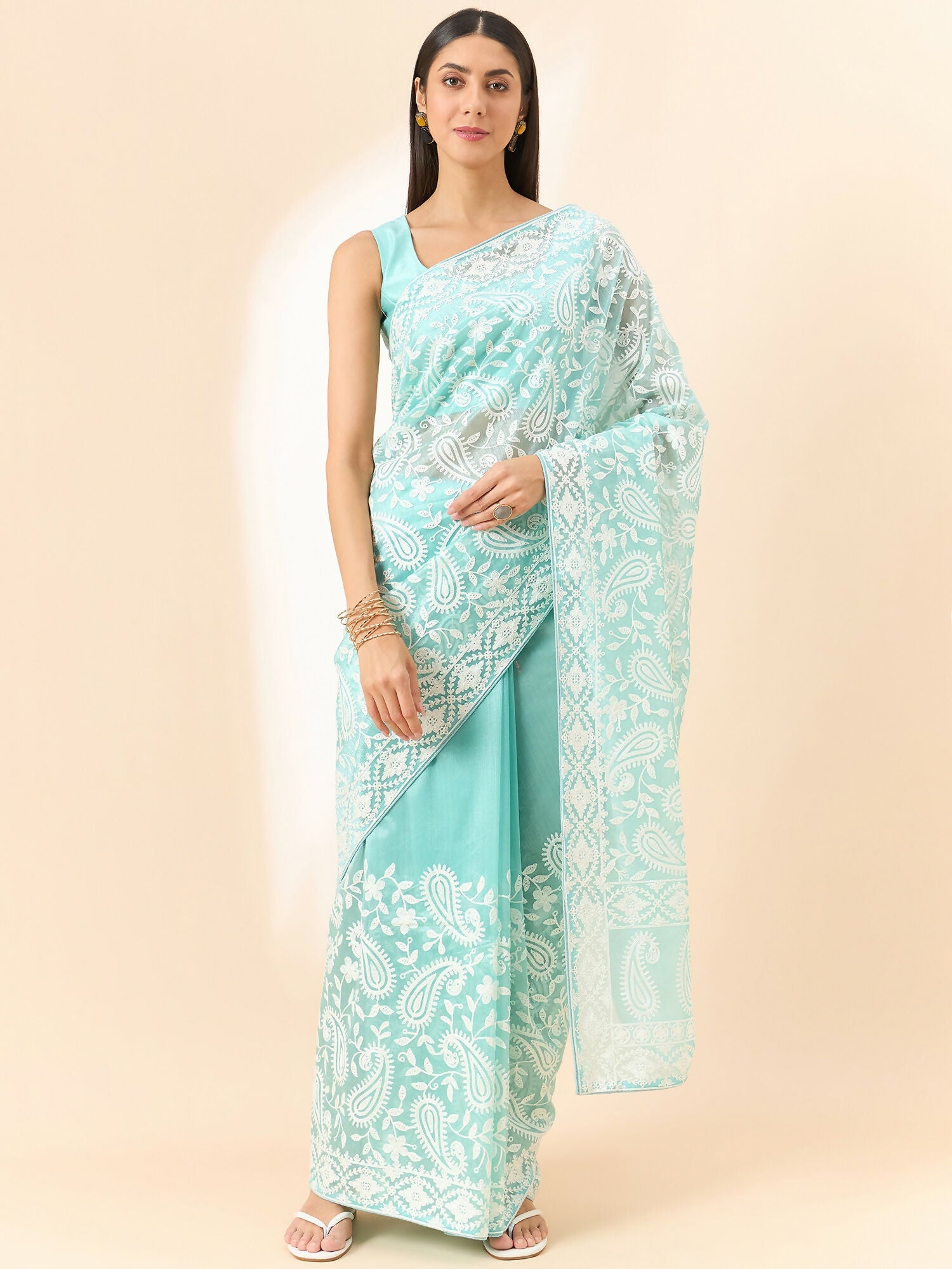 Blue Organza Paisely Embroidered Saree with Unstitched Blouse Piece - Roozal | Grocsy