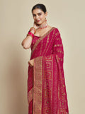 Sangria Pink Woven Design Zari Detail Poly Georgette Bandhani Saree | Grocsy