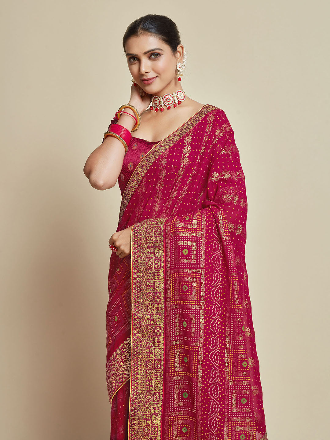 Sangria Pink Woven Design Zari Detail Poly Georgette Bandhani Saree | Grocsy