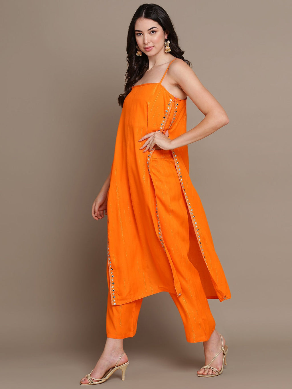 HERE&NOW Striped Mirror Work High Slit Kurta with Palazzos | Grocsy