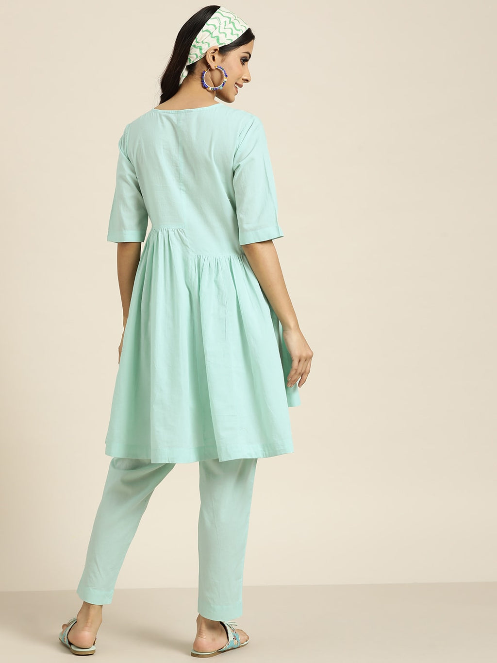 Sangria Women Turquoise Blue Floral Embroidered Kurta with Palazzos | Grocsy