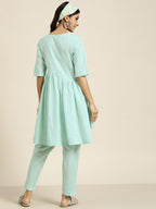 Sangria Women Turquoise Blue Floral Embroidered Kurta with Palazzos | Grocsy