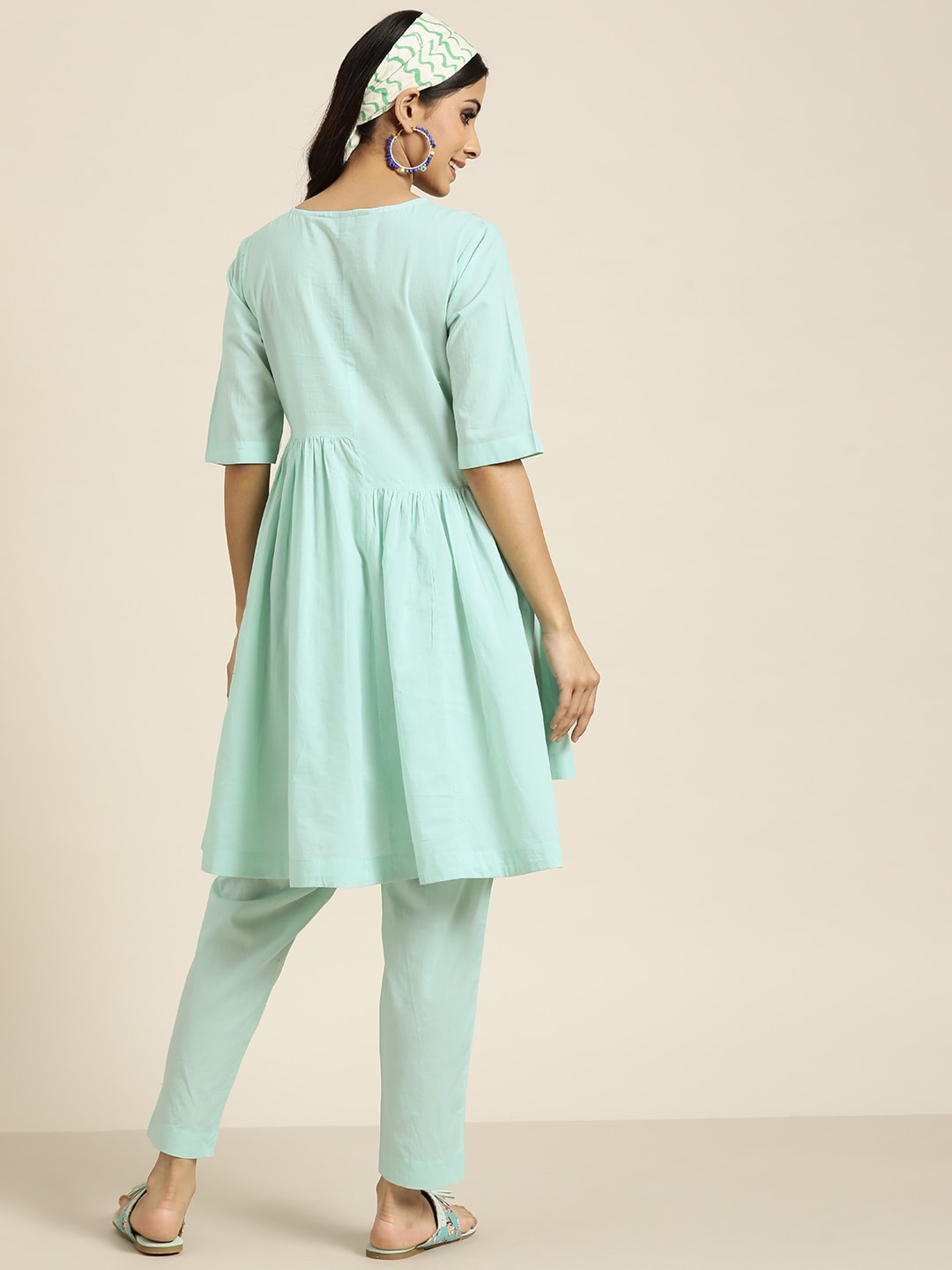 Sangria Women Turquoise Blue Floral Embroidered Kurta with Palazzos | Grocsy