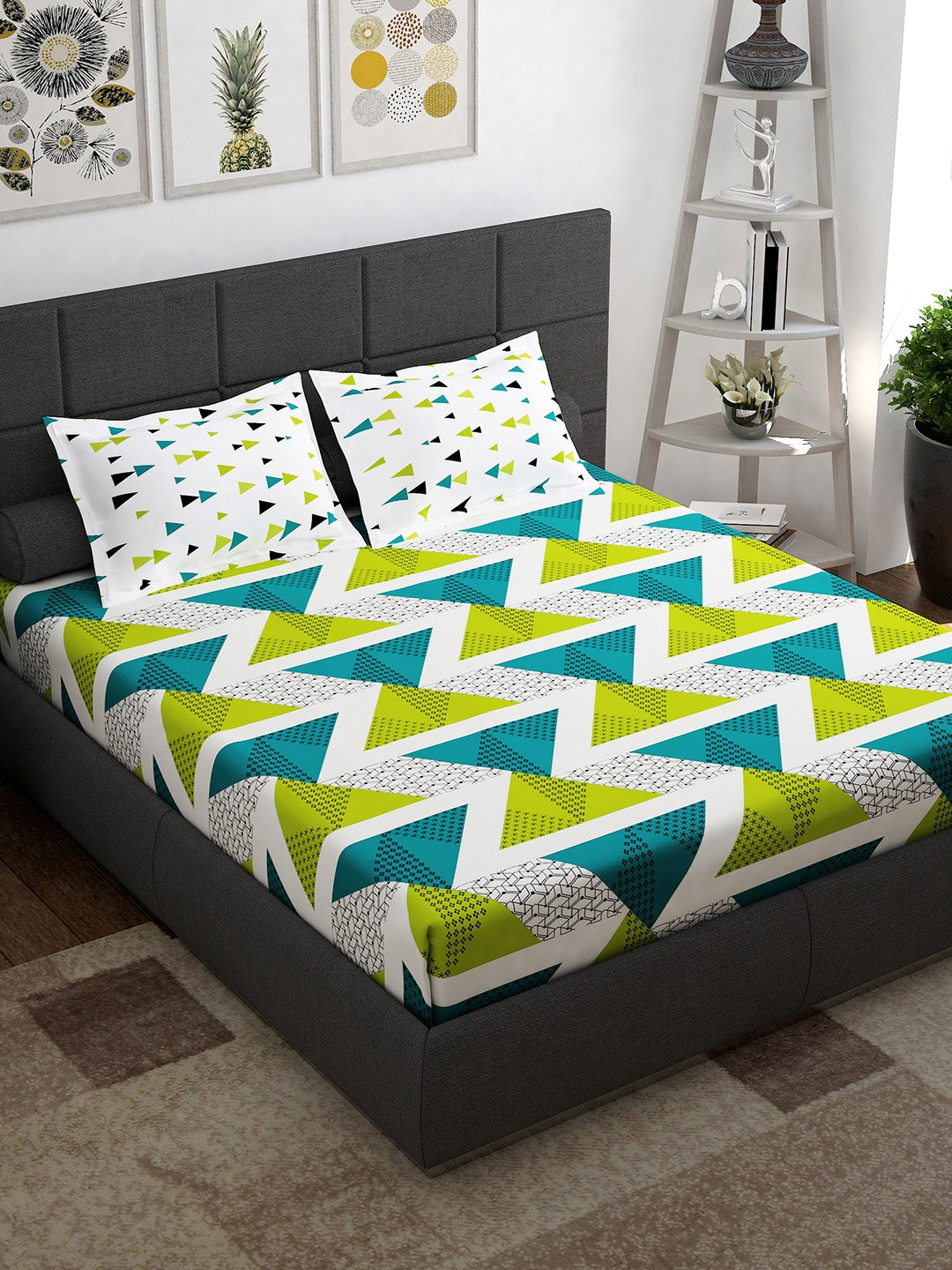 Story@home Ventura Green Geometric 152 TC Cotton Queen Bedsheet With 2 Pillow Covers | Grocsy