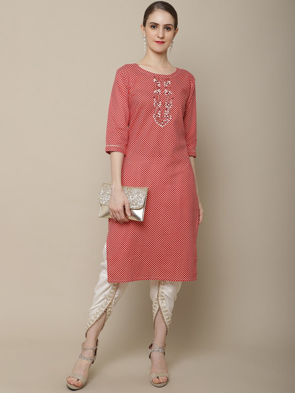 Sangria Women Red & White Cotton Checked Yoke Design Thread Work Kurta | Grocsy