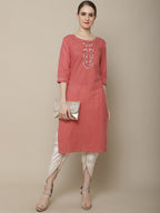 Sangria Women Red & White Cotton Checked Yoke Design Thread Work Kurta | Grocsy