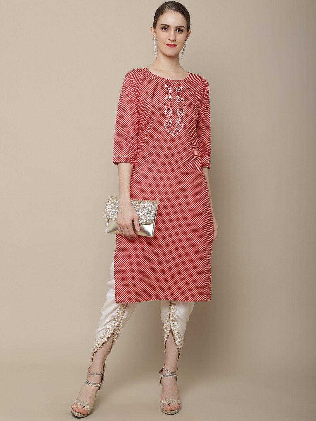 Sangria Women Red & White Cotton Checked Yoke Design Thread Work Kurta | Grocsy