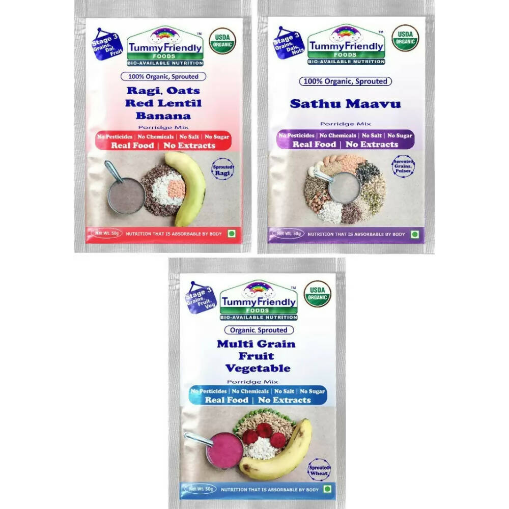 TummyFriendly Foods Certified Stage3 Porridge Mixes Trial Packs - Ragi, Sathu Maavu, MultiGrain for 8 Months Old Baby | Grocsy