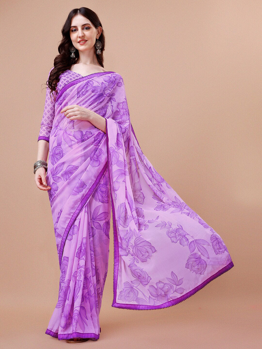 Sangria Purple Floral Printed Pure Chiffon Saree | Grocsy