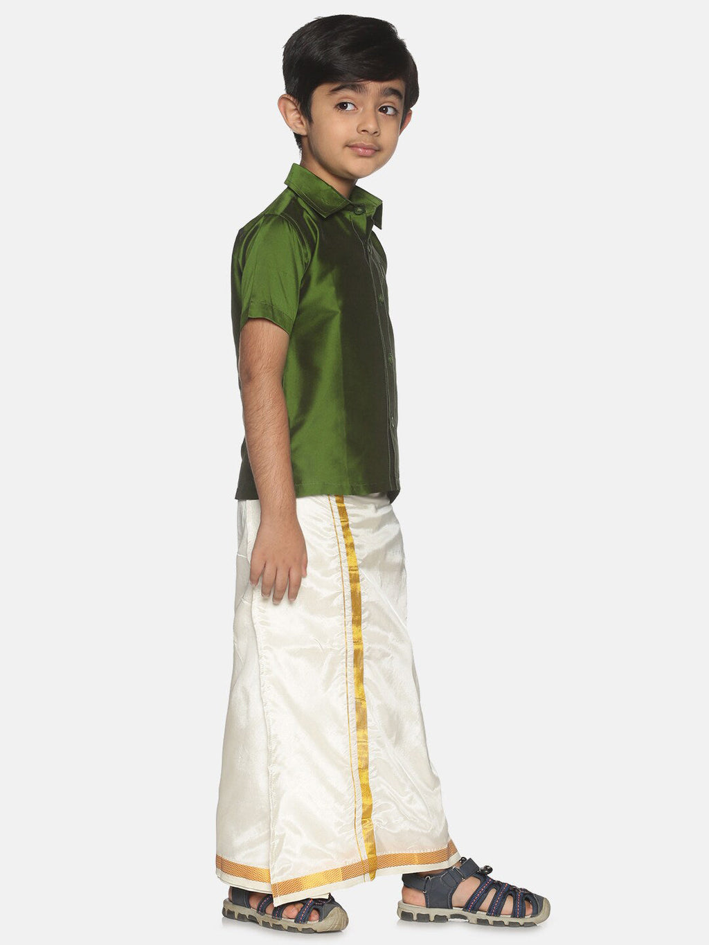 Sethukrishna Boys Green Shirt & Cream-Coloured & Zari Border Veshti Set | Grocsy