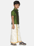 Sethukrishna Boys Green Shirt & Cream-Coloured & Zari Border Veshti Set | Grocsy