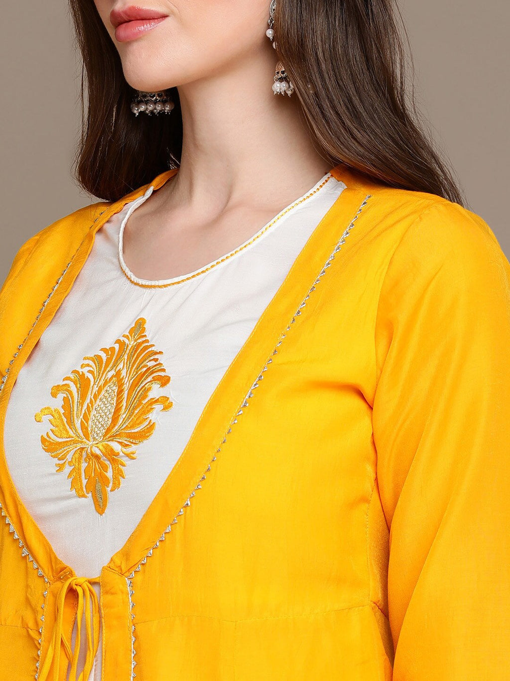 HERE&NOW Round Neck Embroidered Yoke Design Gotta Patti Layered Pure Cotton A-Line Kurta | Grocsy