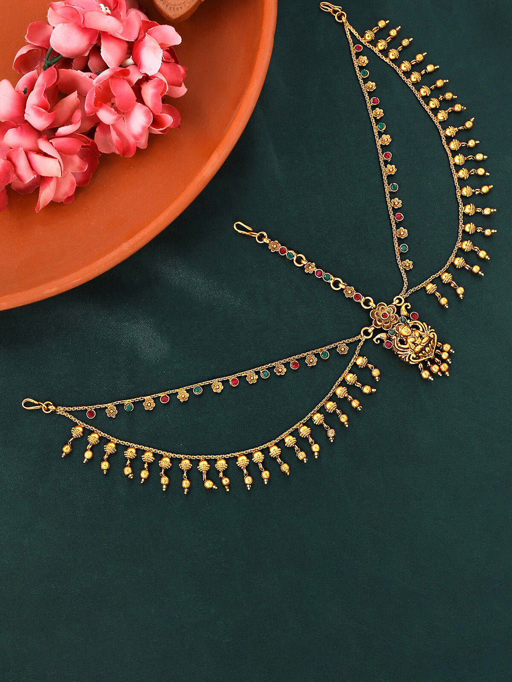 Yellow Chimes Gold-Polished Red & Green Stone-Studded Layered Bridal Traditional Mathapatti | Grocsy