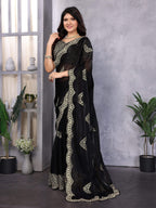 Vastranavya Black Embroidery Work Shimmer Chiffon Saree with Unstitched Blouse | Grocsy