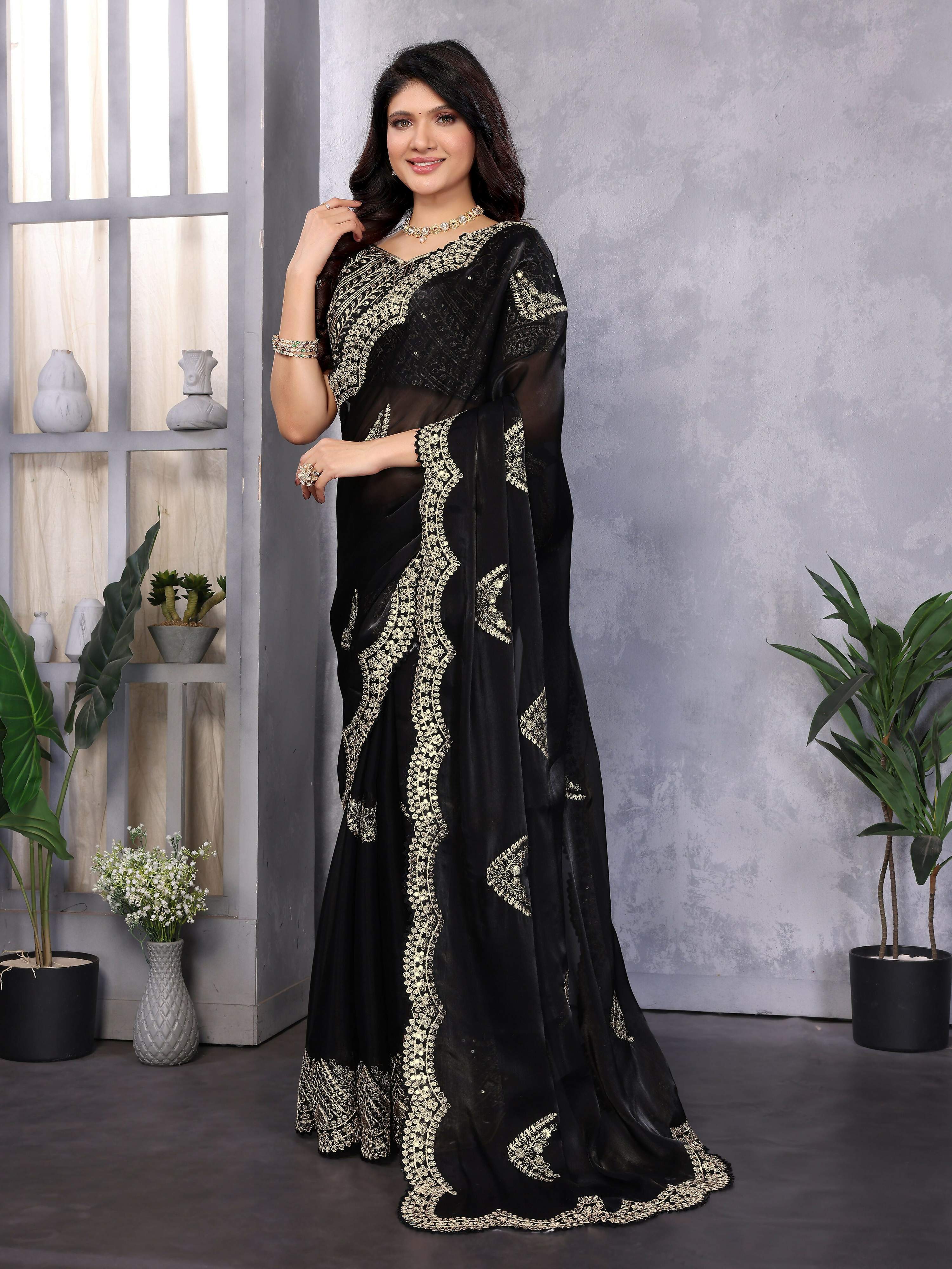 Vastranavya Black Embroidery Work Shimmer Chiffon Saree with Unstitched Blouse | Grocsy