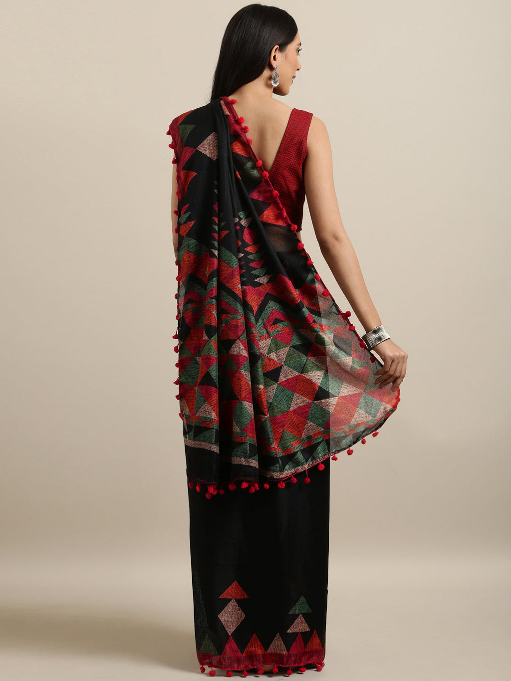 Tikhi Imli Black & Red Polycotton Printed Saree | Grocsy