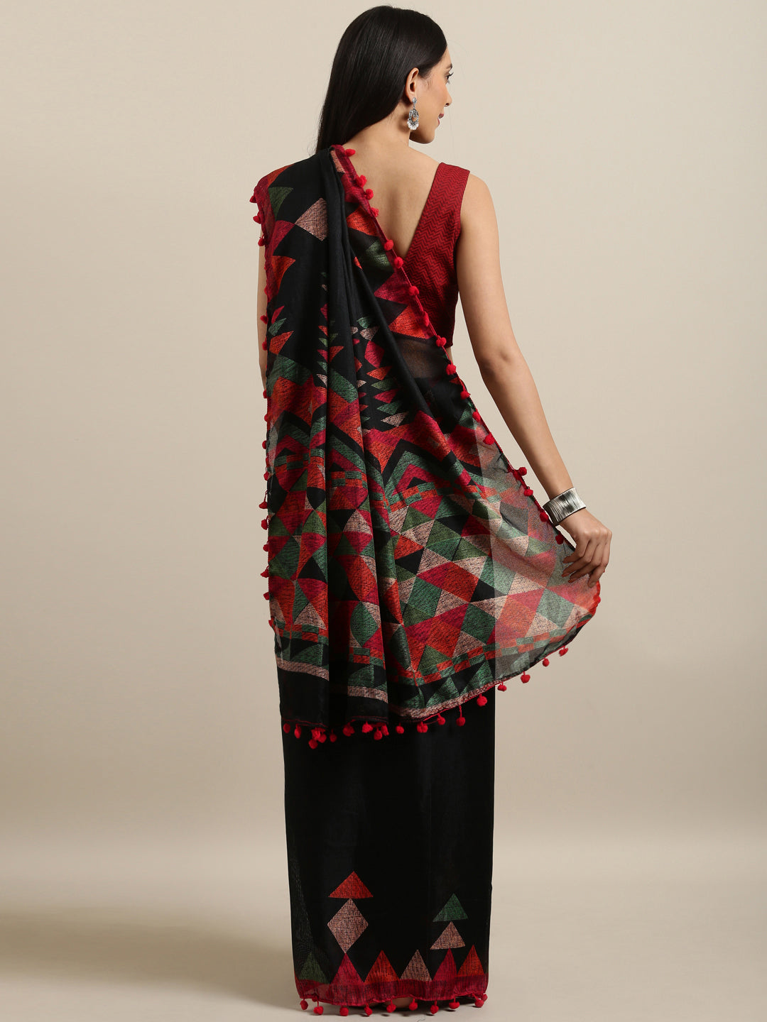 Tikhi Imli Black & Red Polycotton Printed Saree | Grocsy