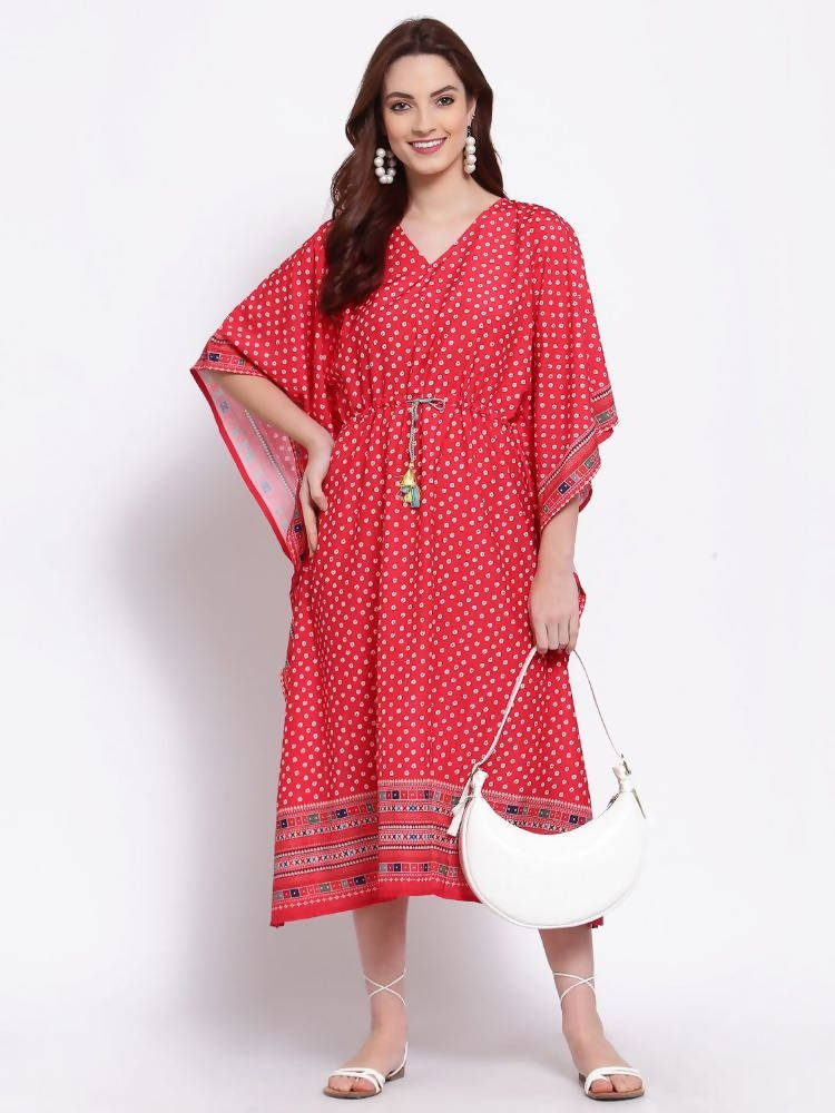 Myshka Women's Red Printed Cotton Blend 3/4 Sleeve V Neck Casual Dress | Grocsy