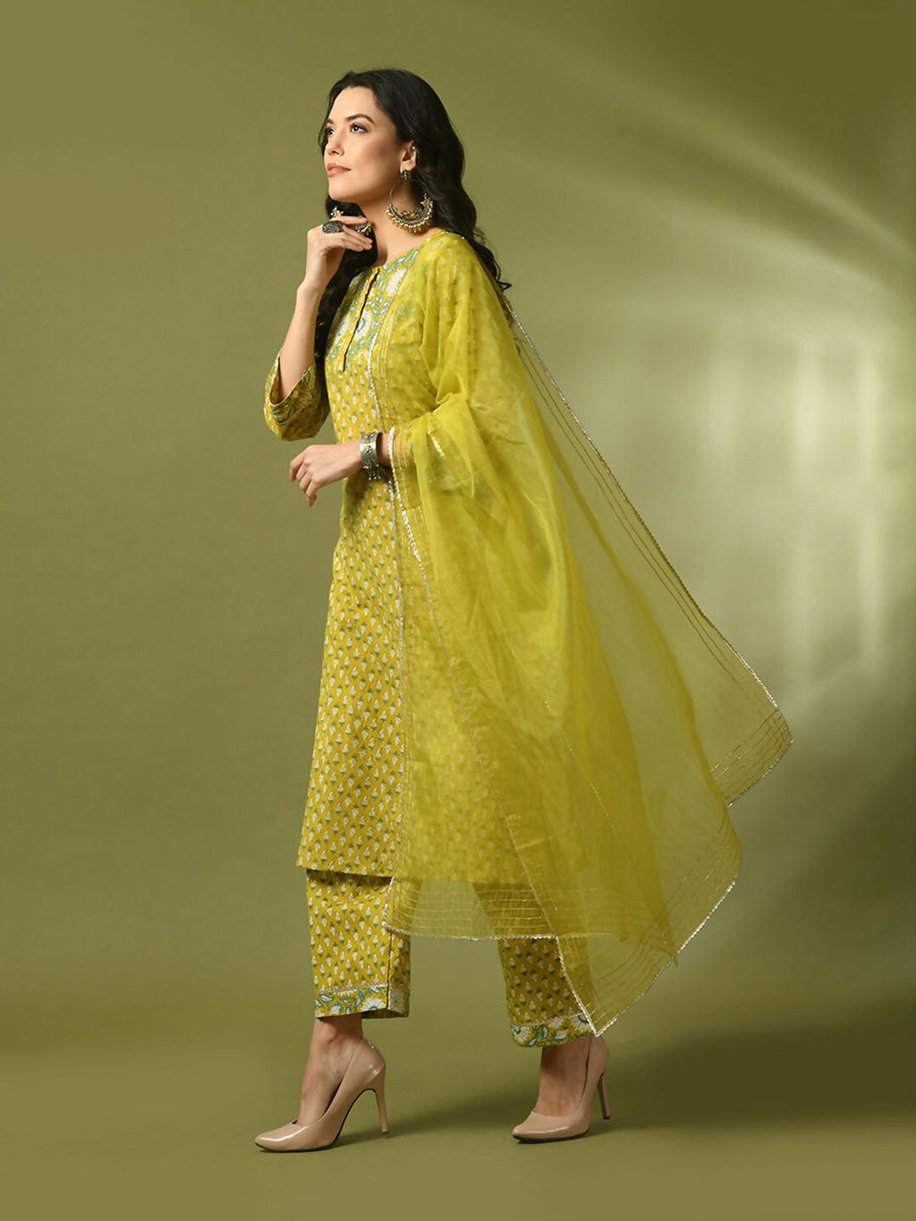 Myshka Women's Yellow Printed Cotton Straight Party Kurta Set With Dupatta | Grocsy