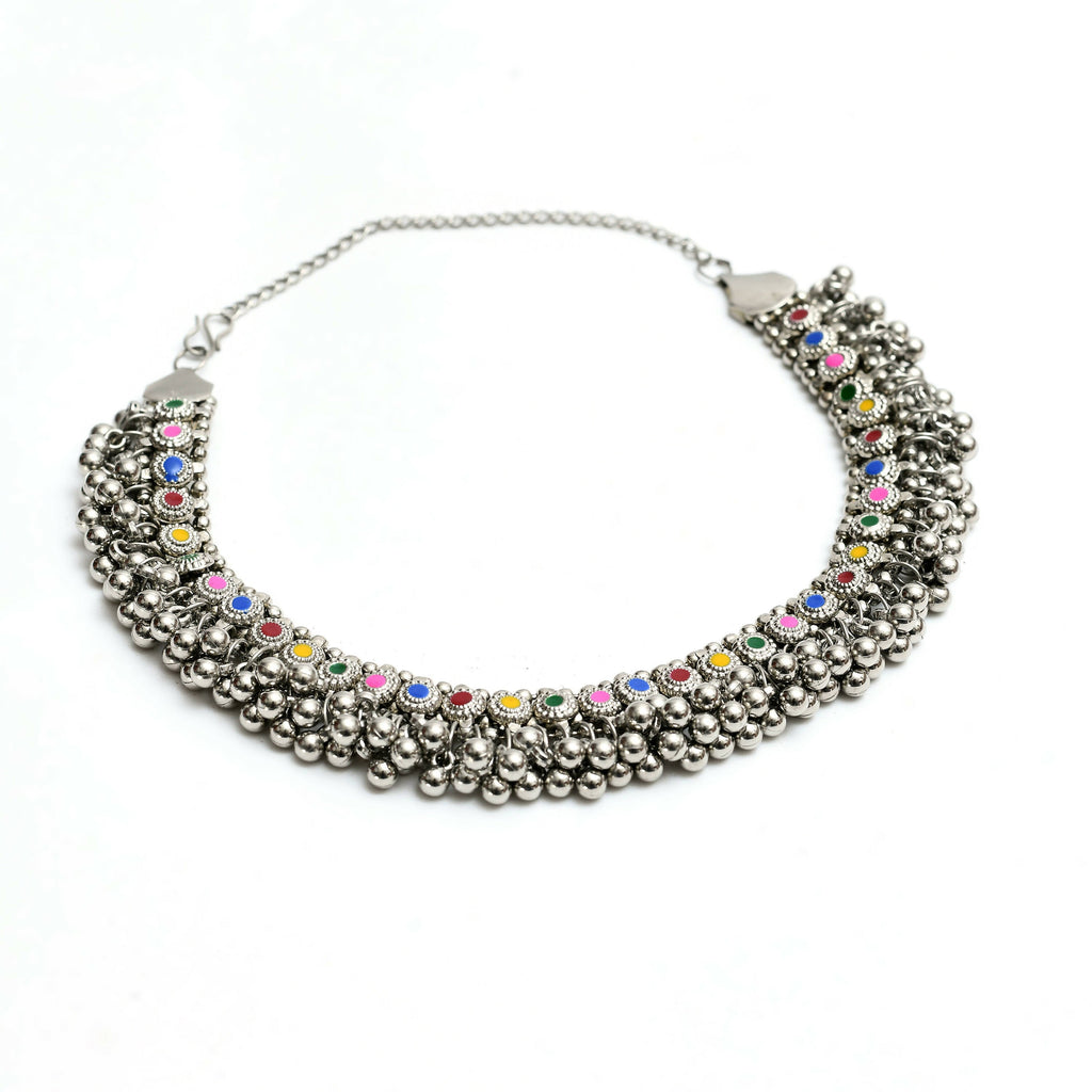 Mominos Fashion Johar Kamal Oxidised Silver-Plated Meena Work Choker Set | Grocsy