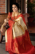 DEIANA'S Beautiful Designer Golden zari Soft Lichi Silk Saree - White | Grocsy