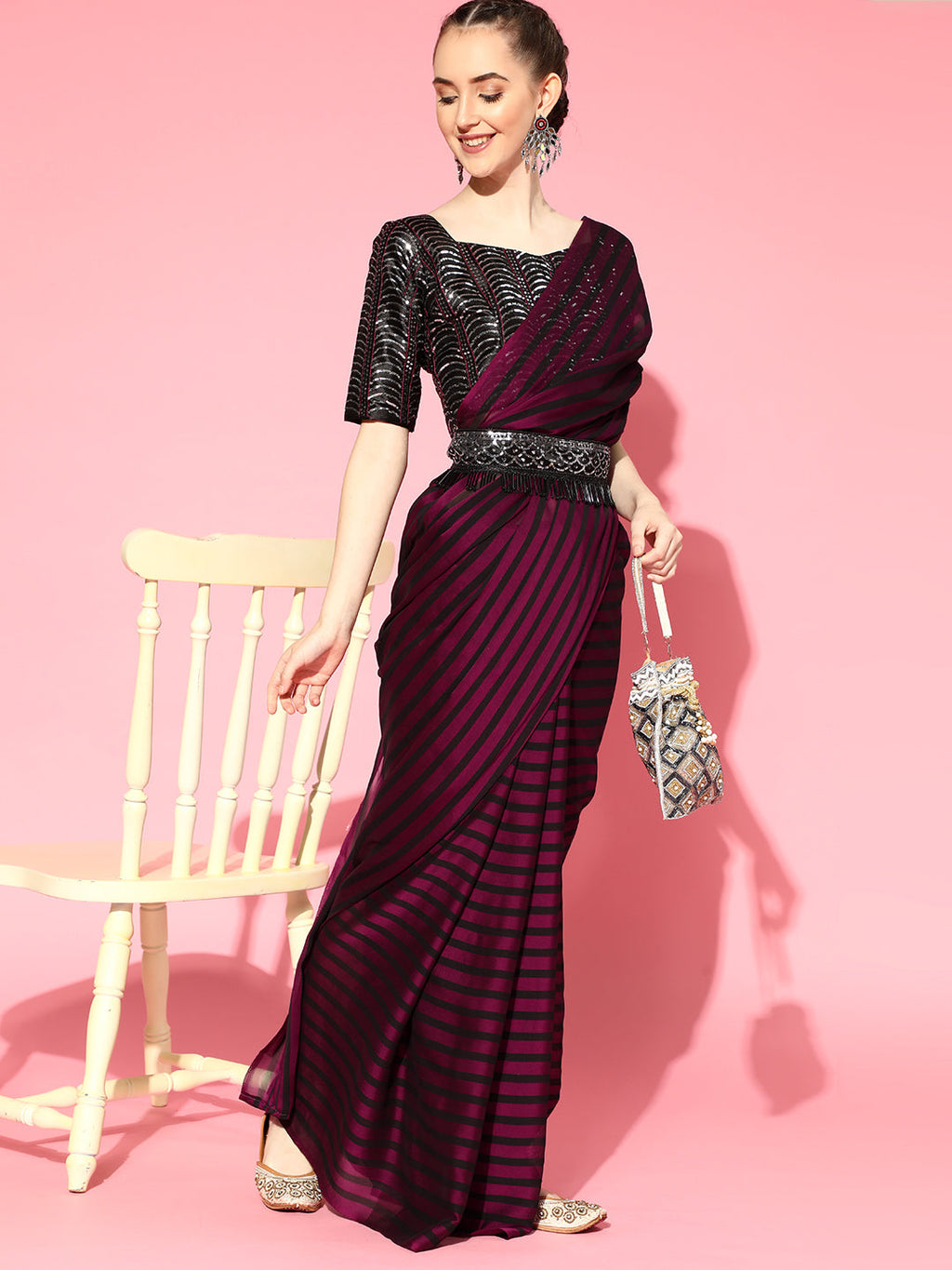 Saree Mall Burgundy Striped Poly Georgette Party Wear Saree with Matching Blouse | Grocsy