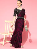 Saree Mall Burgundy Striped Poly Georgette Party Wear Saree with Matching Blouse | Grocsy