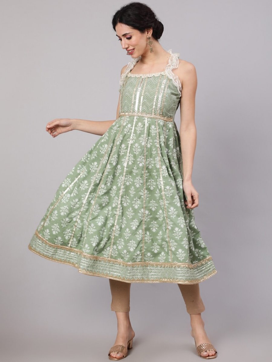 Aks Floral Printed Shoulder Straps Empire Gotta Patti Pure Cotton Kurta | Grocsy
