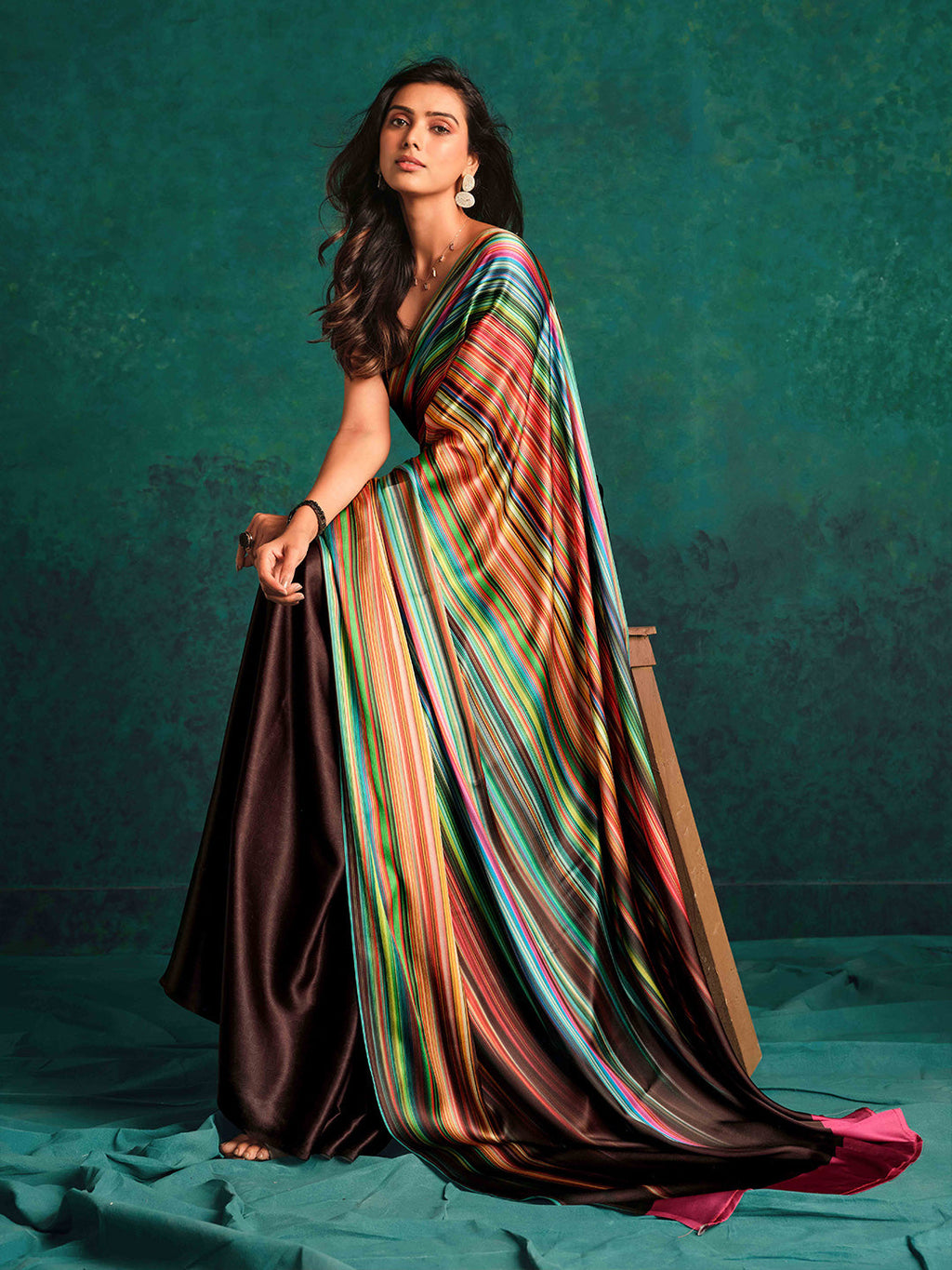 Sangria Striped Digital Printed Satin Saree | Grocsy