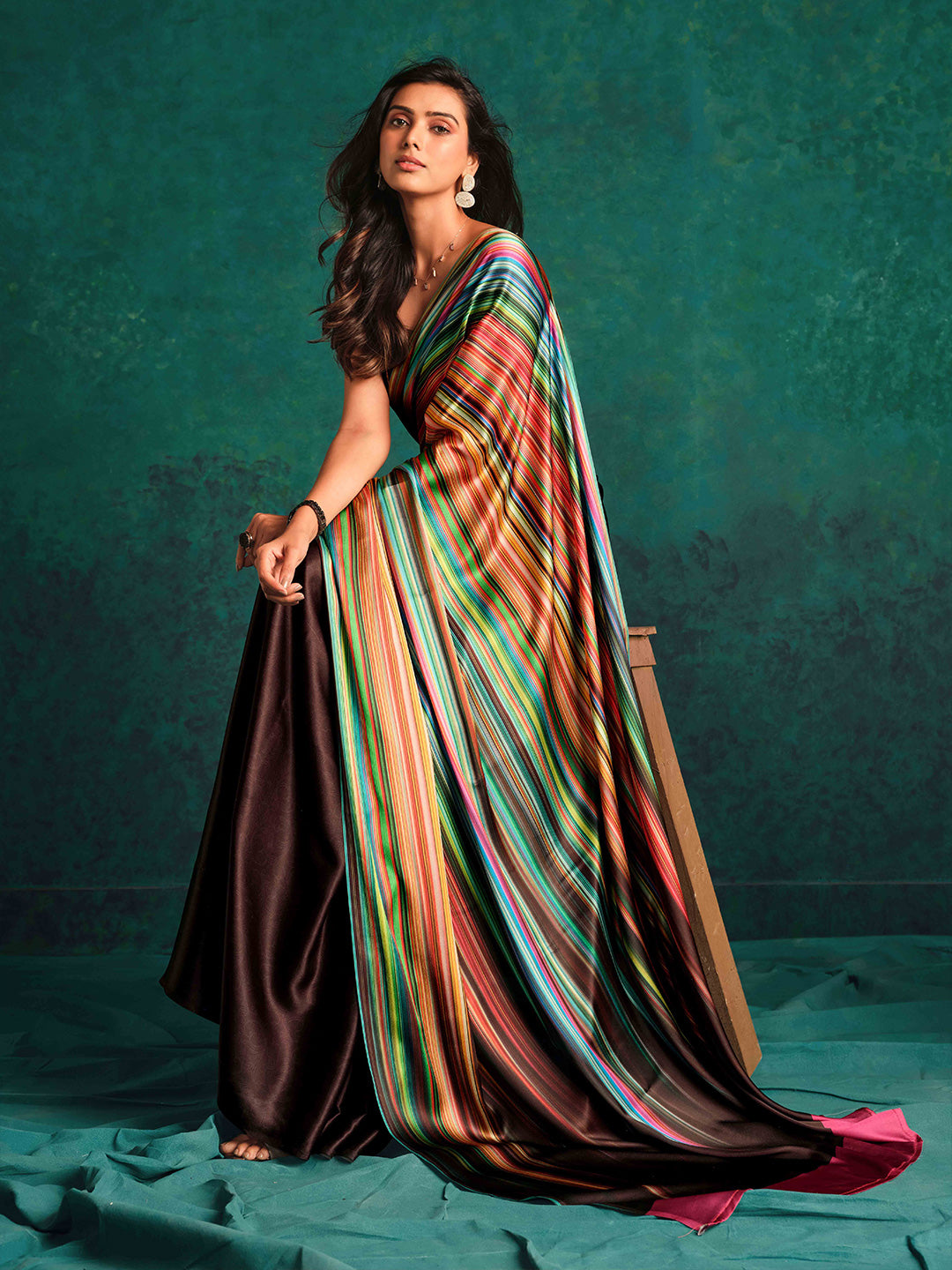 Sangria Striped Digital Printed Satin Saree | Grocsy