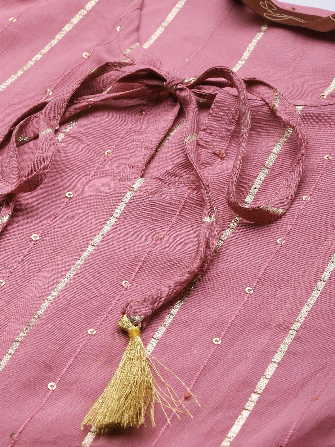 Sangria Women Tie-Up Neck Jacquard Sequinned Chanderi Silk Kurta | Grocsy