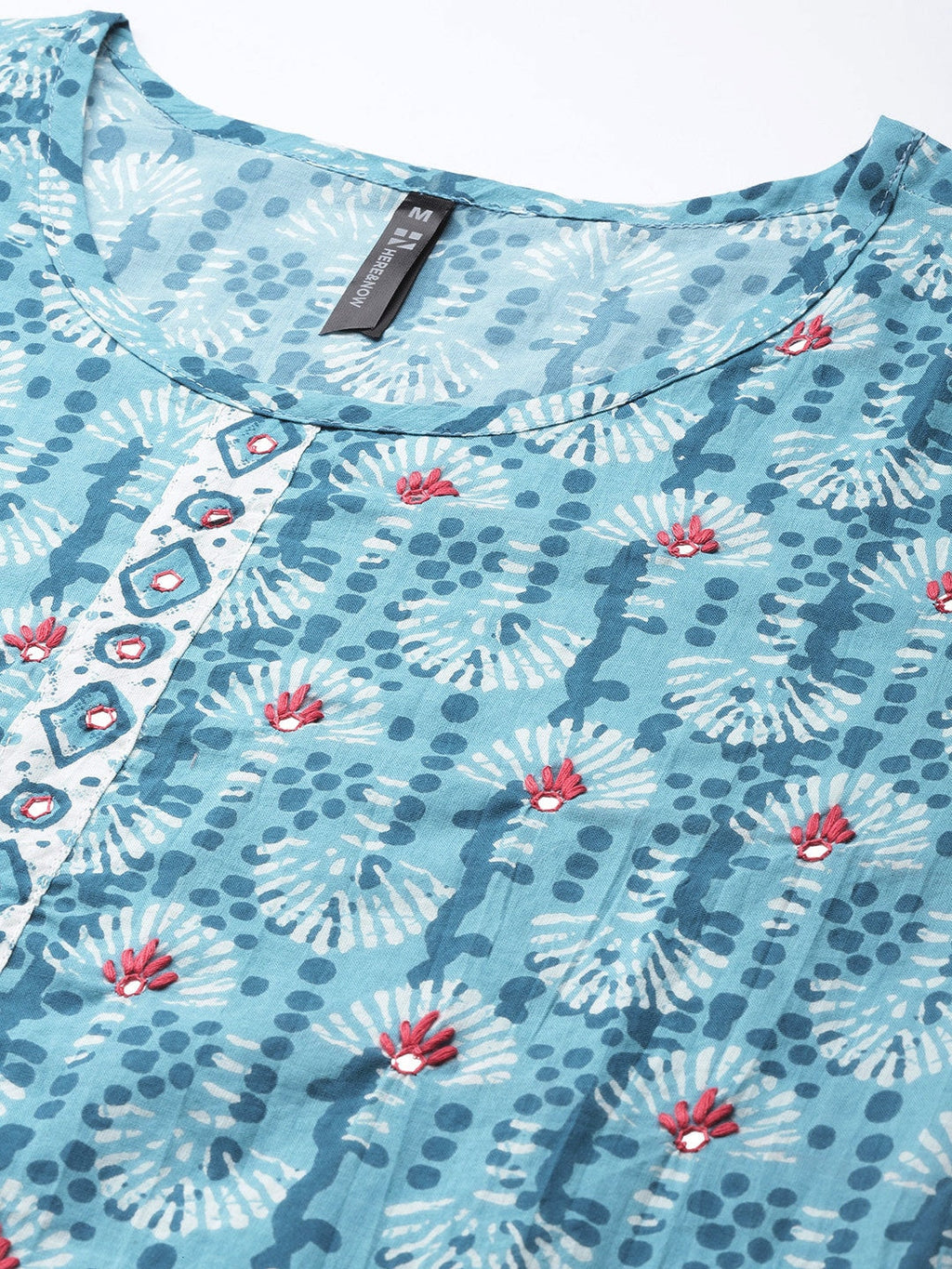 HERE&NOW Women Blue Floral Printed Thread Work Pure Cotton Kurta with Trousers & With Dupatta | Grocsy