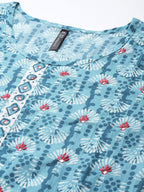 HERE&NOW Women Blue Floral Printed Thread Work Pure Cotton Kurta with Trousers & With Dupatta | Grocsy