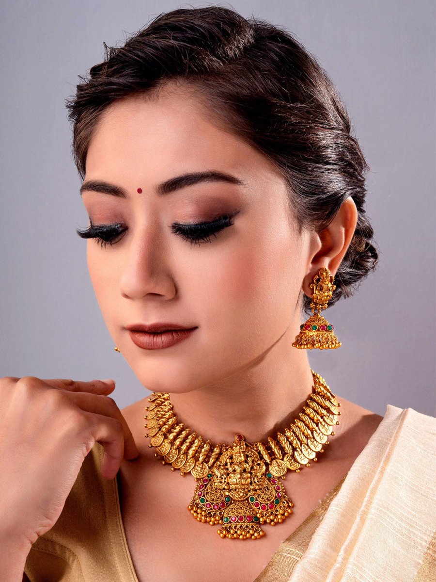 Aadita Gold-Toned Stone-Studded Temple Jewelry Set | Grocsy