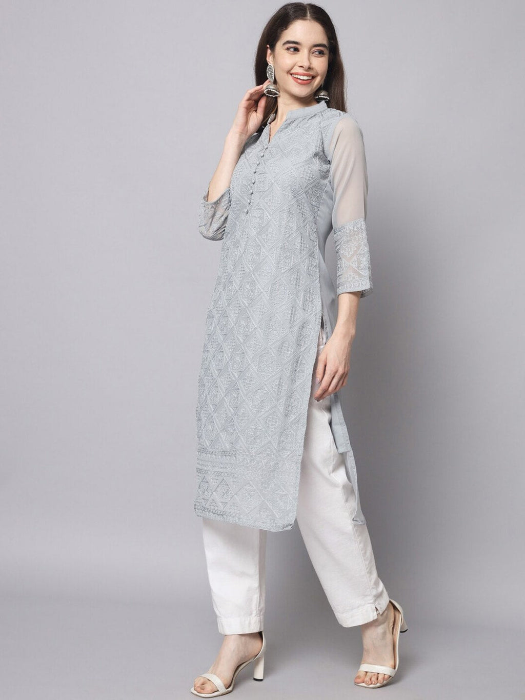 HERE&NOW Women Grey Ethnic Motifs Embroidered Thread Work Georgette Kurta | Grocsy
