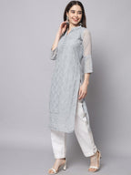 HERE&NOW Women Grey Ethnic Motifs Embroidered Thread Work Georgette Kurta | Grocsy